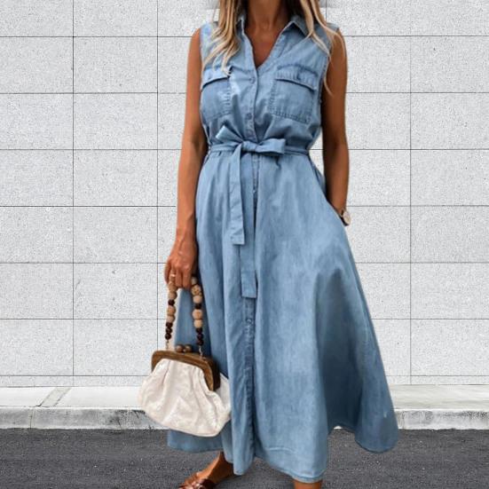 Turn-Down Collar Sleeveless Women Dress Belt Solid Color Single Breasted Denim Midi Dress Ladies Clothing