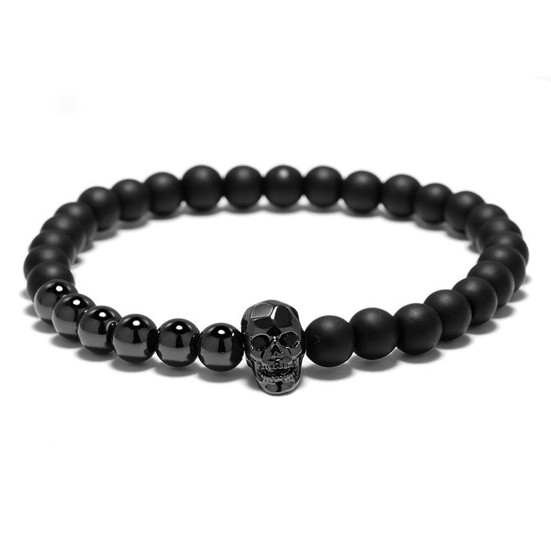 New Fashion Mens Bracelet Natural Stone Gothic Skull Braslet 6mm Onyx Strand Braclet Gifts For Him Zirconia Brazalete Pulseria чёрный