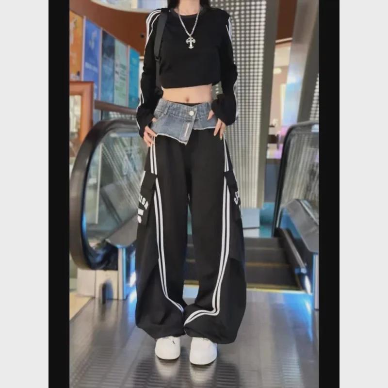 Women's Striped Denim Overall Pants with Pockets - Fall Fashion Wide-Leg Style
