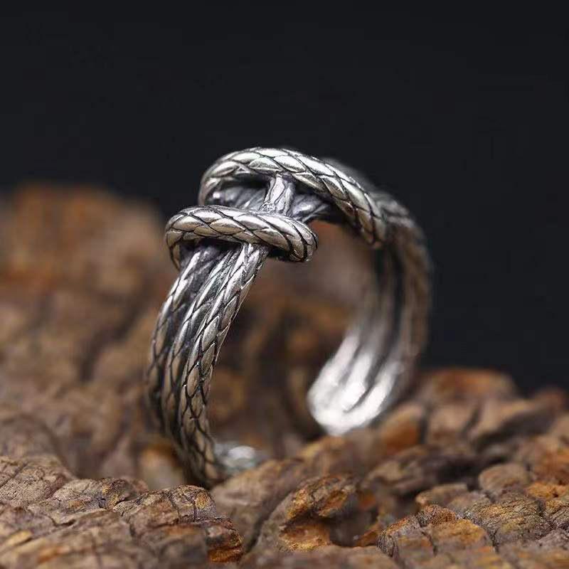 Retro Woven Rope Ring For Men Zinc Alloy Color Punk Gothic Adjustable Open Ring Handmade Rock Biker Accessories Man Zircon Gift