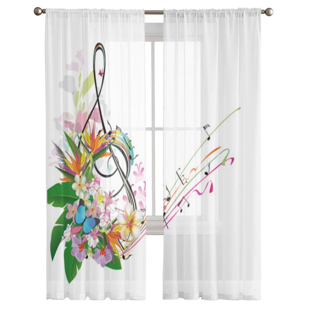 Kočičí hudební nota Hůlový tyl Závěsy do obývacího pokoje Ložnice Šifon Průsvitný voál Závěs na kuchyňské okno