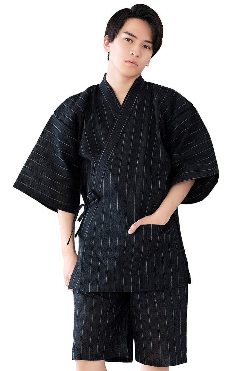 

KYOETSU Джинбей Идеально для Плюс Стильный Летний Хлопковый Верх и Полосатый Ткань Шиджира x Мужская Пижама, День Отца, Размер, Низ, (LL, Черный)