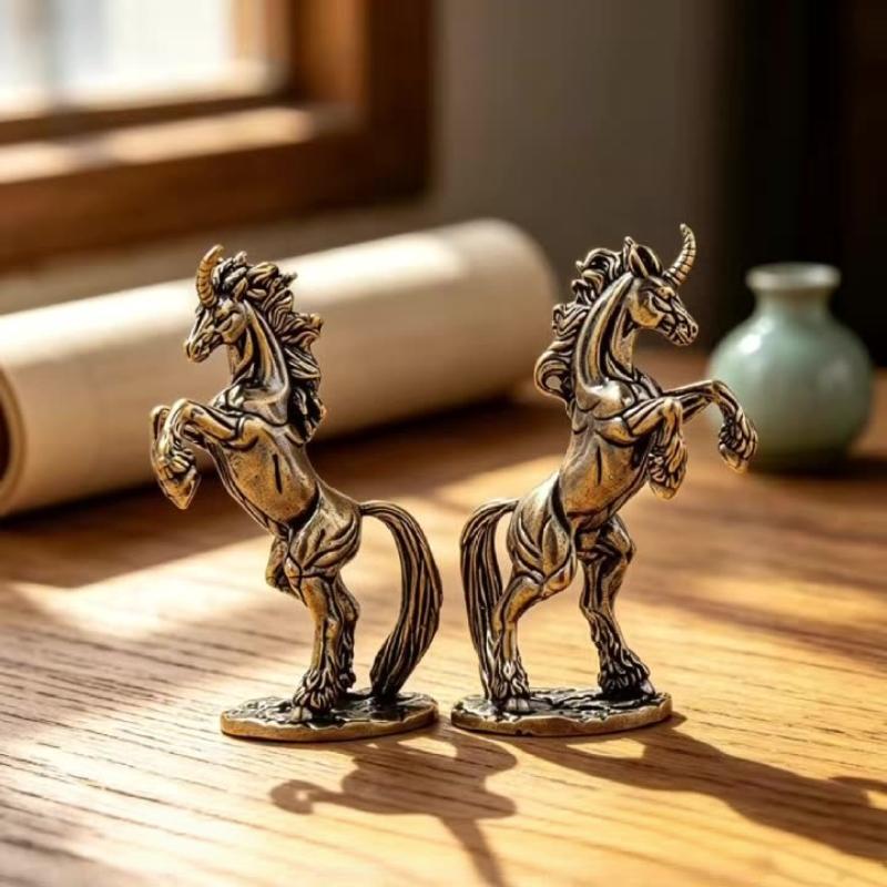 Fantasy Rearing Horse Statue Retro Brass Handcrafted Animal Figurine Miniature Rustic Accent for Living Room Home Decor