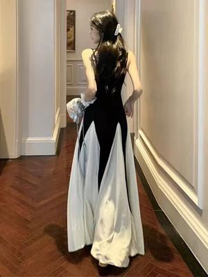 French Splicing Contrasting Color Suspender Dress Women's Summer Design Sense Waist A-word Skirt Large Pendulum Floor Long Dress