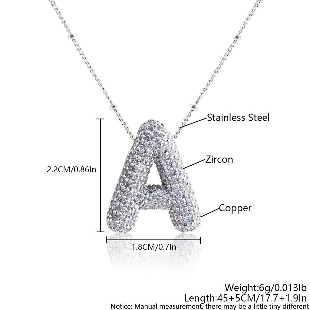 Silver 26-Letter Zircon Necklace: Personalized Chunky Balloon Chain, Versatile Hip-Hop Jewelry for Women