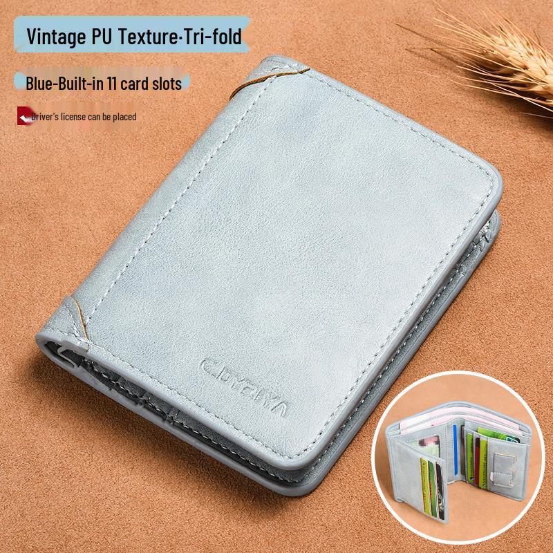 Men's Cross-Border Slim Tri-Fold Leather Wallet with ID and Card Holder