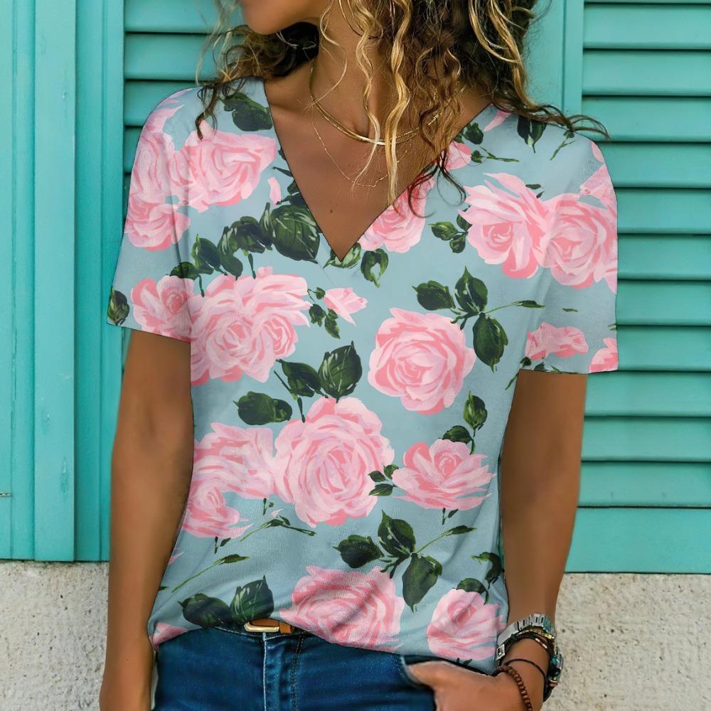 Nowy Damski T-shirt z Nadrukiem Kwiatowym Top Plus Size Odzież Damska Trend Moda Koszulka z Krótkim Rękawem Oversize Bluzka z Dekoltem w Serek