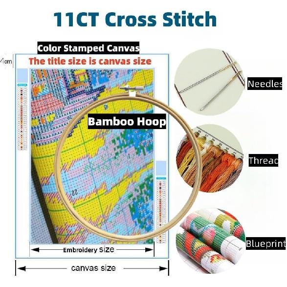 Generic Cartoon Baby Highland Cow DIY Stamped Cross Stitch Kits Easy for Beginners Children with Hoop 11CT Needlepoint Counted Embroidery Kits Art