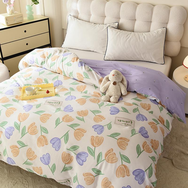 Yellow Tulip Duvet Cover 1Pcs Purple Flowers Pattern 100% Cotton Zipper Quilt Cover Skin-friendly Comfortable Queen Size Bedding