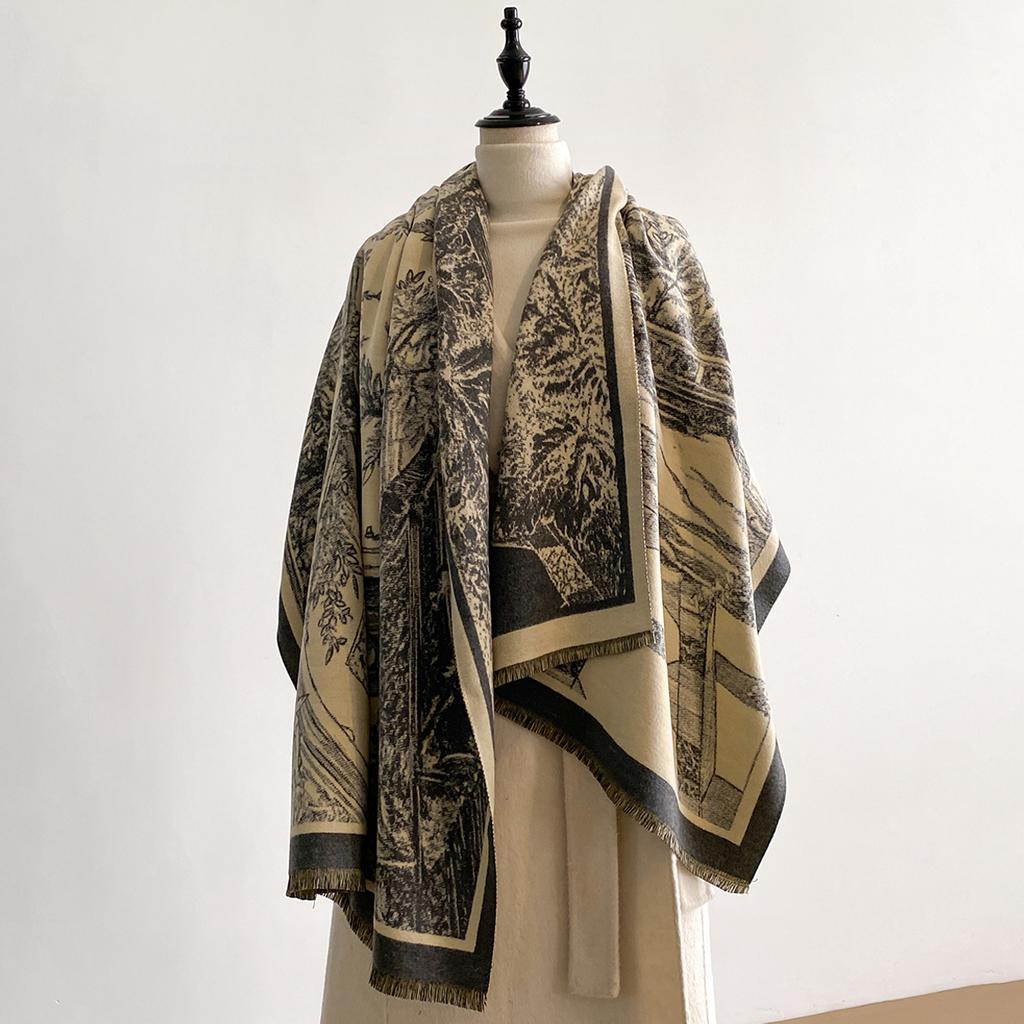  Brand Elegance Two-Sided Print Scarf Soft Warm Fringe Pashmina Shawl Autumn and Winter Outdoor Coldproof Windproof Blanket