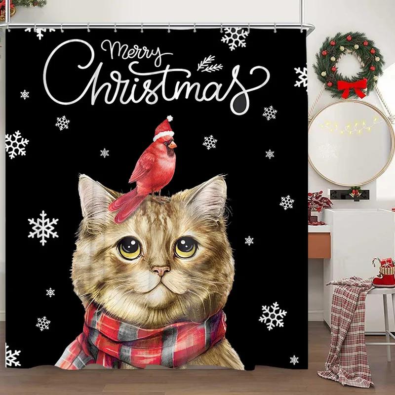 Christmas Shower Curtain Santa Claus Snowman Snowflake Elk Pine Leaf Winter Cartoon Home Polyester Fabric Bathroom Decor Curtain