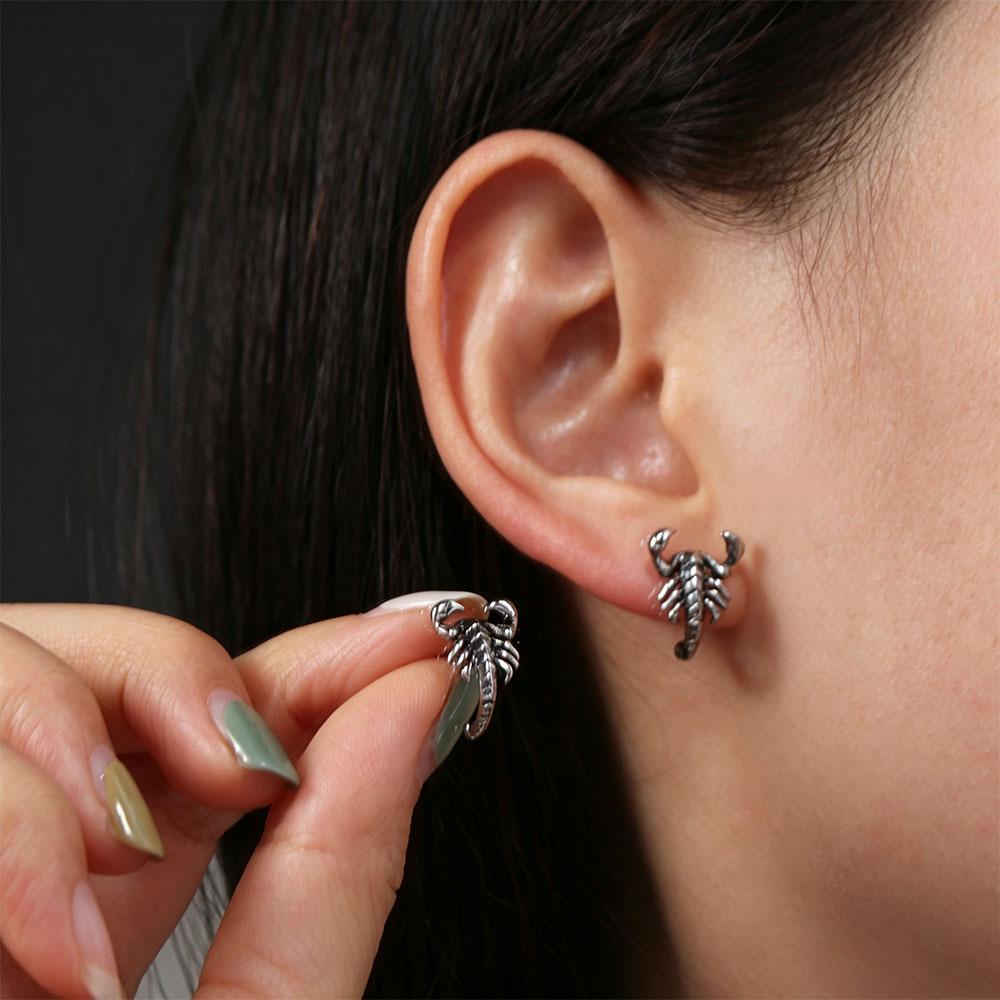 Punk Silver Stud Earrings Gothic Men Ear Studs Mini Scorpion Earrings Studs  Women