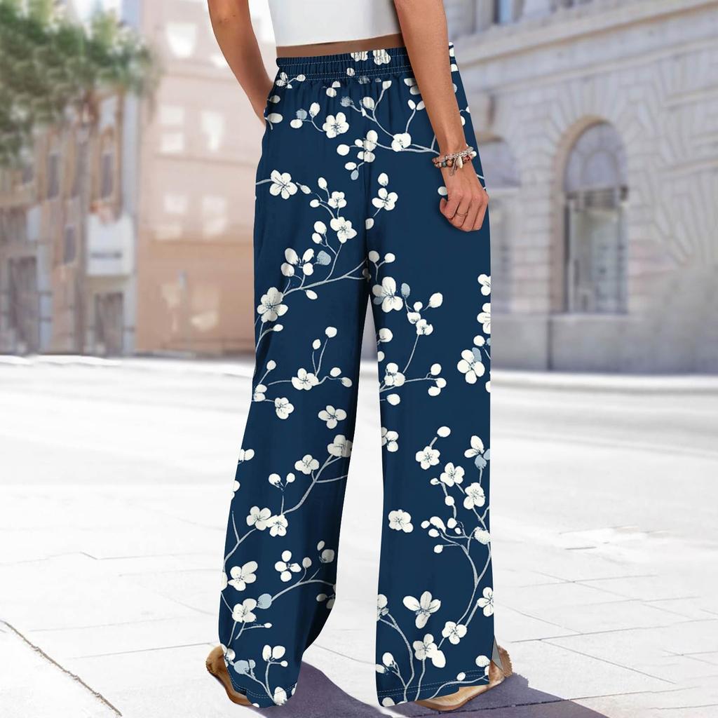 Women's Printed Wide Leg Pants With Pockets High Waist Drawstring Loose Casual Pants