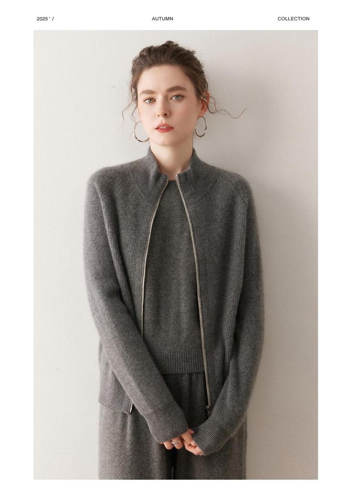 Women's Cashmere Zipper Cardigan - Slim Fit, Loose Raglan Sleeve, Stand Collar, Knit Wool Sweater for Autumn & Winter