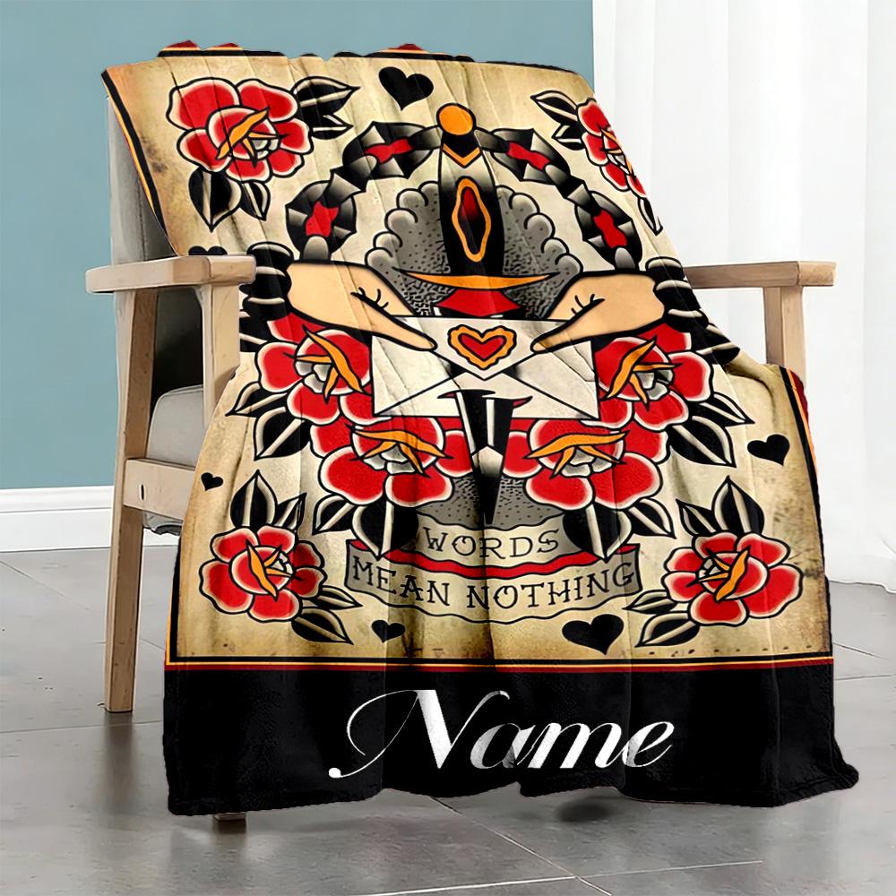 Tattoo Customize Text Blanket Cozy Personalized Blanket Warmthful Decor Great for Living Room Seaside Home Decor Bedding Ideal for All Seasons
