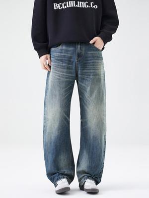 Men's Retro High Street Wide-Leg Blue Jeans - Autumn Trend, Loose Fit, Versatile, Casual Wear