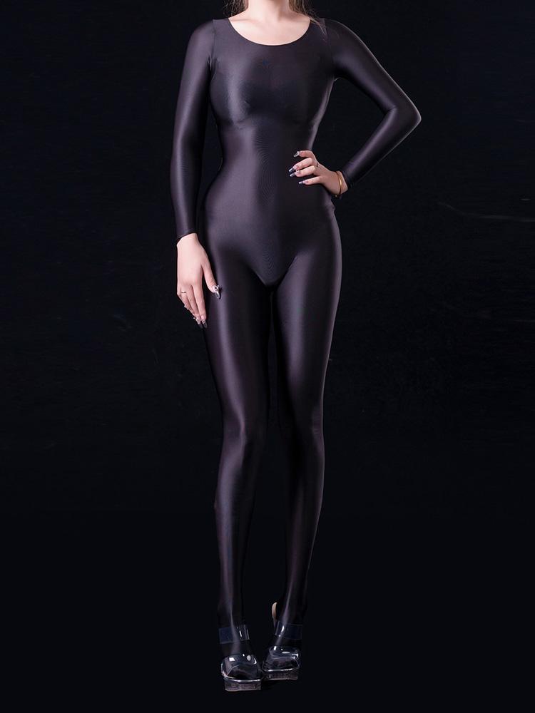 Cosplay Sexy Oil Glossy Elastic Bodysuit Bodycon Rompers One-Piece Thong Silky Maid Tights Satin Jumpsuits Candy Color Leotard