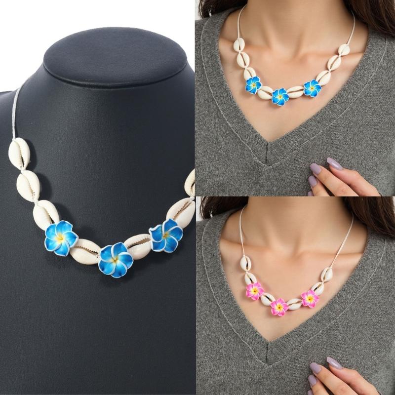 Elegant Soft Clay Flower and Shell Pendant Necklace Sturdy Flexible Chain Jewelry Accessory Gift