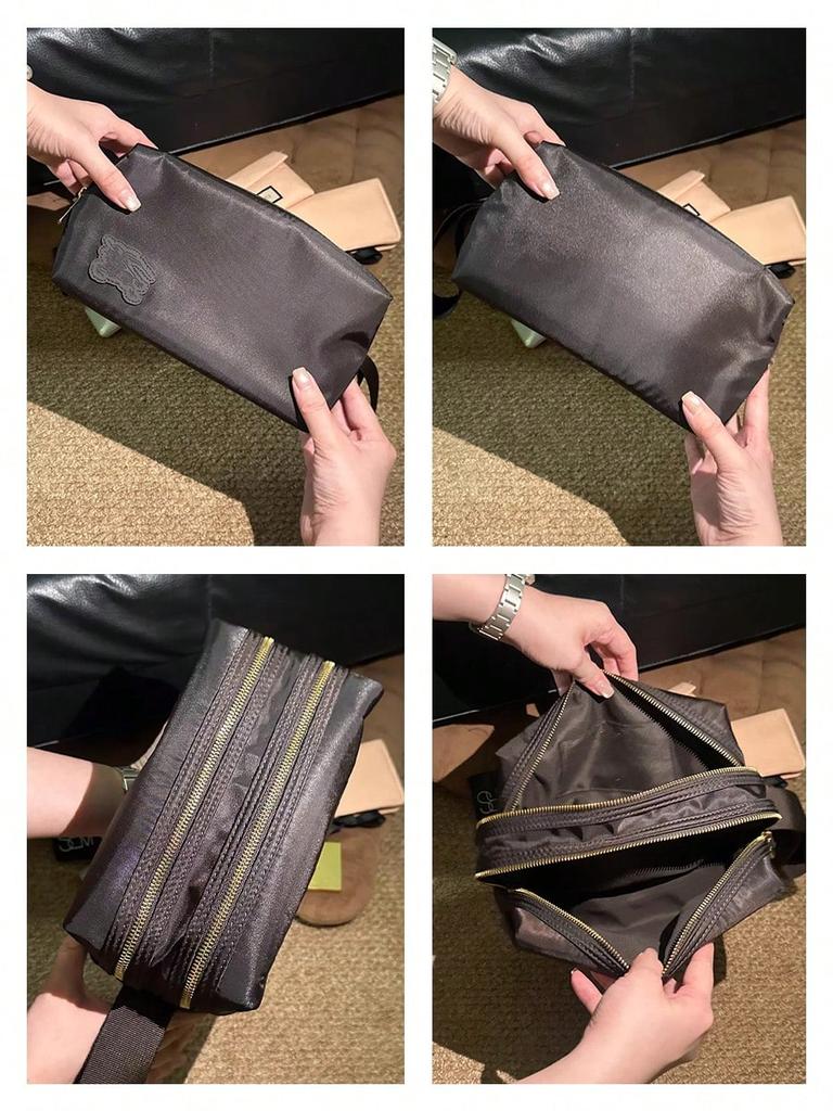 Burberry Zwarte Satin Dubbele Rits Make-uptas Grote Capaciteit Reis Cosmetische Waszak met Handvat voor Vrouwen