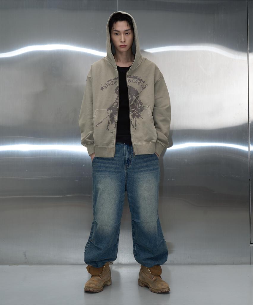 Pitchblack Vintage Pigment Printing Hood Zip Up (Beige)