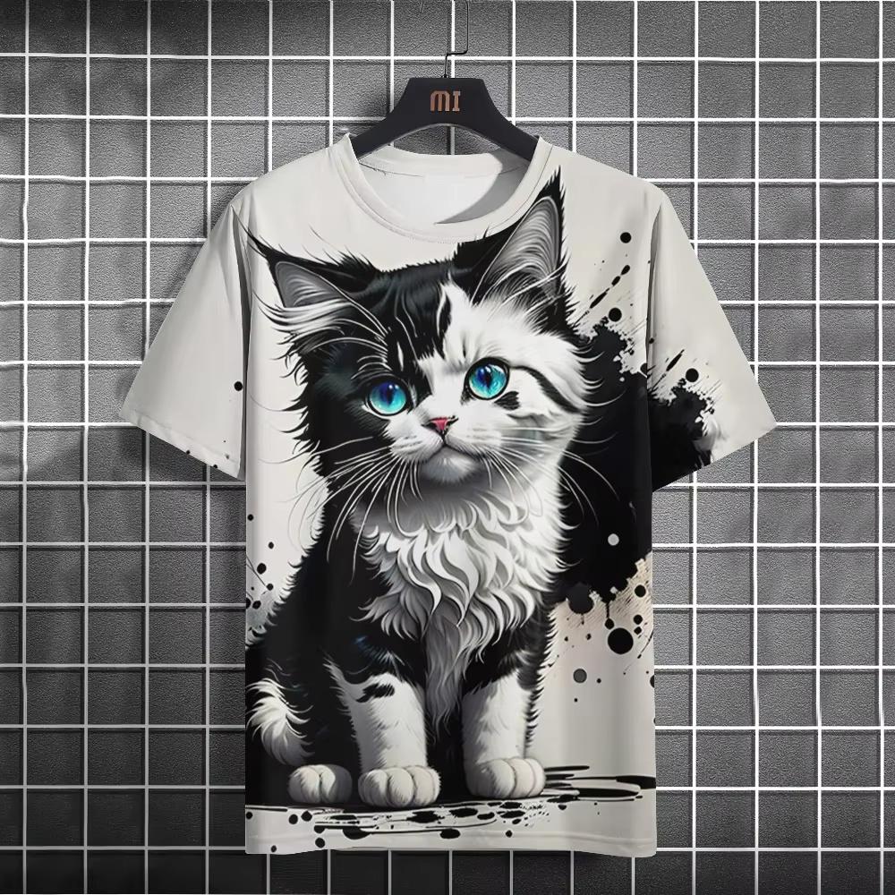 2025 Summer New Men's Cartoon Cute Cat Pattern 3D Printed Short Sleeved Round Neck T-Shirt Casual Quick Drying Neutral Clothing
