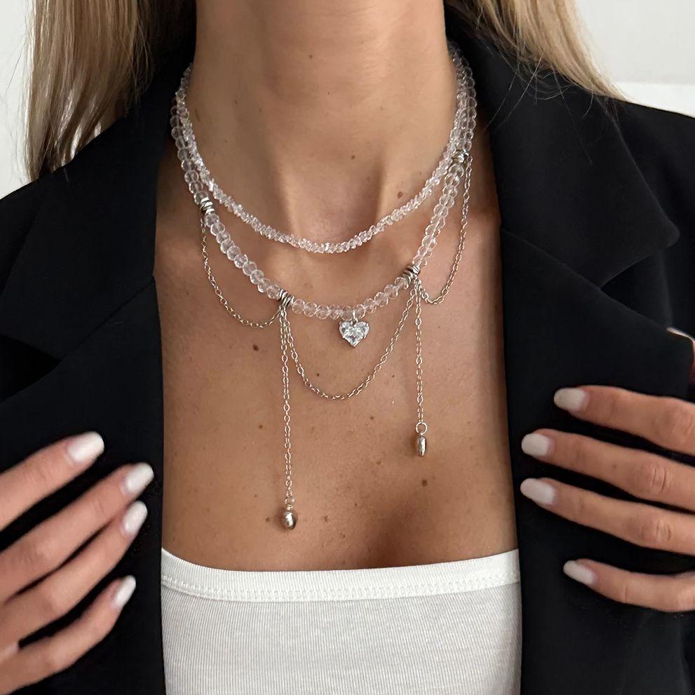 Salircon 2Pcs/set Peach Heart Tassel Pendant Necklace for Women Boho Exquisite Crystal Beaded Clavicle Chain Fashion Y2K Jewelry
