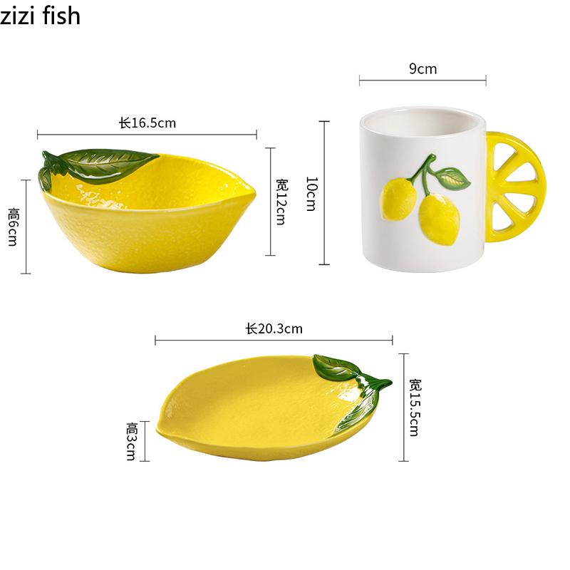 Hand Drawn Relief Ceramic Plate Lemon Shaped Pasta Plate Dessert Snack Plate Salad Bowl Yogurt Bowl Lemon Mug Creative Tableware