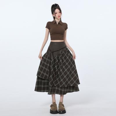Retro Plaid Leather Irregular High Waist Skirt for Women Spring Mid-length Skirt for Women Spring Leather Skirt for Women Spring