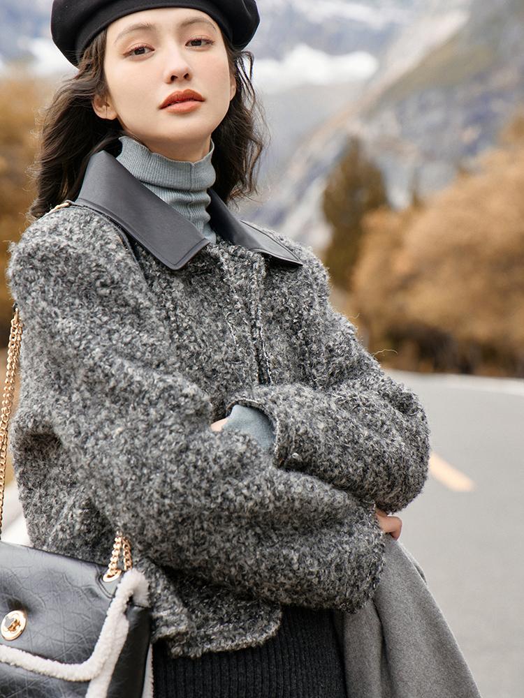 Mishow Dámský vlněný kabát 2023 Zimní nový korejský styl Vintage jednořadá PU Patchworková bunda MXC53W0235