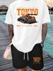 American Summer Mens Letter Underground Racing Printed Comfortable Breathable Round Neck Tshirt Shorts Set Outdoor Street Wear