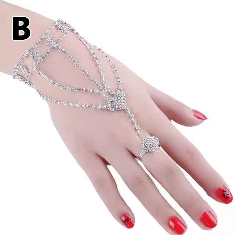 Bracciale di Strass con Anello da Dito Fiocco Corona Maglia Polso Semplice Catena Bracciali Charm da Donna Gioielli Trendy da Donna