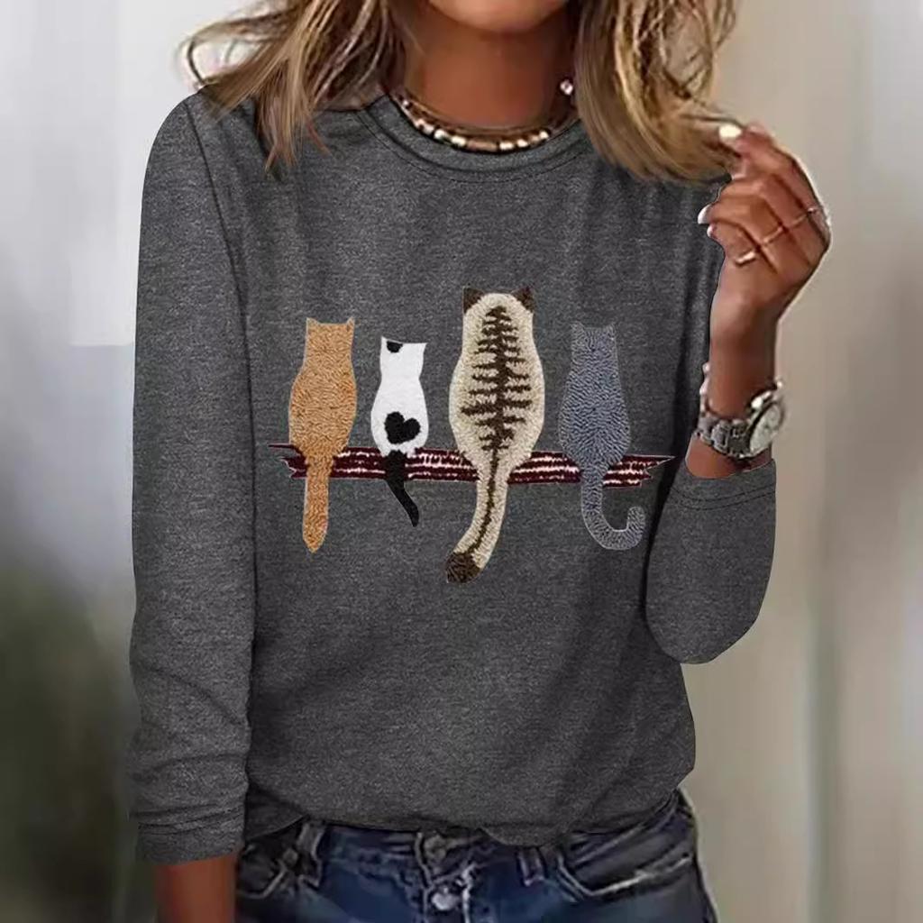 Rundhals 3D-bedrucktes Katzenmuster Top Modische Lässige Langarm Damen T-Shirts
