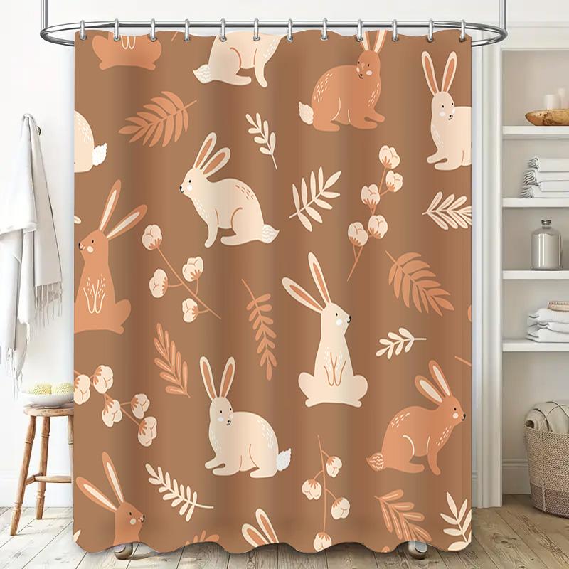 Cute Rabbit Shower Curtain Set with Green Leaves Decor Modern Bathroom Curtains for Kids' Room Peach Pink Beige Floral Print Wat