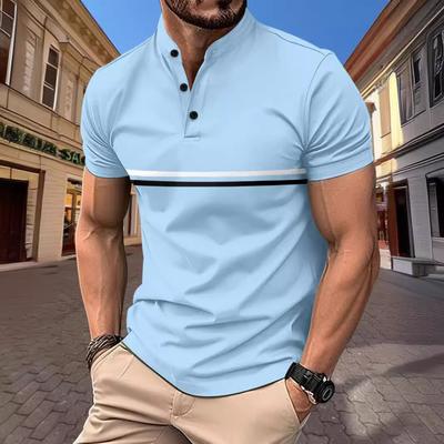 New Summer Men's Casual Sports Solid Colour Splicing Stripes Stand-up Collar Short Sleeve Polo Shirt