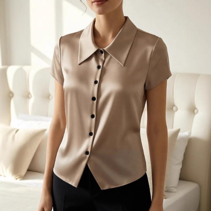

Spring Summer Satin Short Sleeve Blouse Elegant Button Down Collared Work Shirt S хаки
