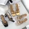 Mode Neue Sommersandalen Spaltledersandalen für Damen Mode Eckige Zehenpartie Hohe Absätze Sandalen Damenschuhe Gladiatorenschuhe Golden