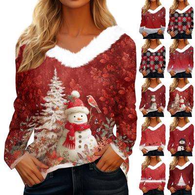 Langarmshirts für Damen, süße Oberteile, Weihnachtsdrucke, T-Shirts, Blusen, lässig, Übergröße, Basic-Oberteile, Pullover