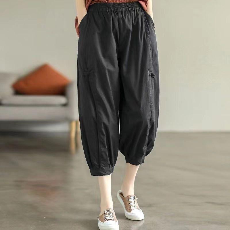 Women's Summer Retro Artistic Folded Button Patch Plus Size Harem Pants Casual Capri Pants