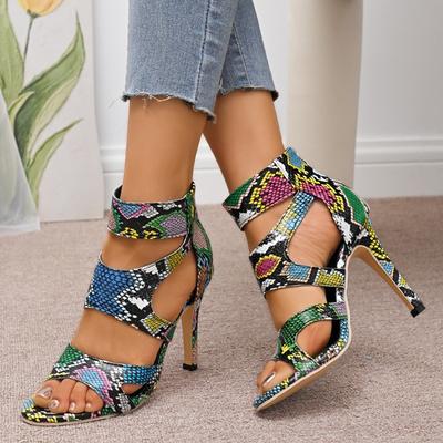 Fashion Colorful Snake Pattern Super High Heels Sandals Women 2025 Summer Brand Design Cross Strap Sandals Sexy Nightclub Shoes Women