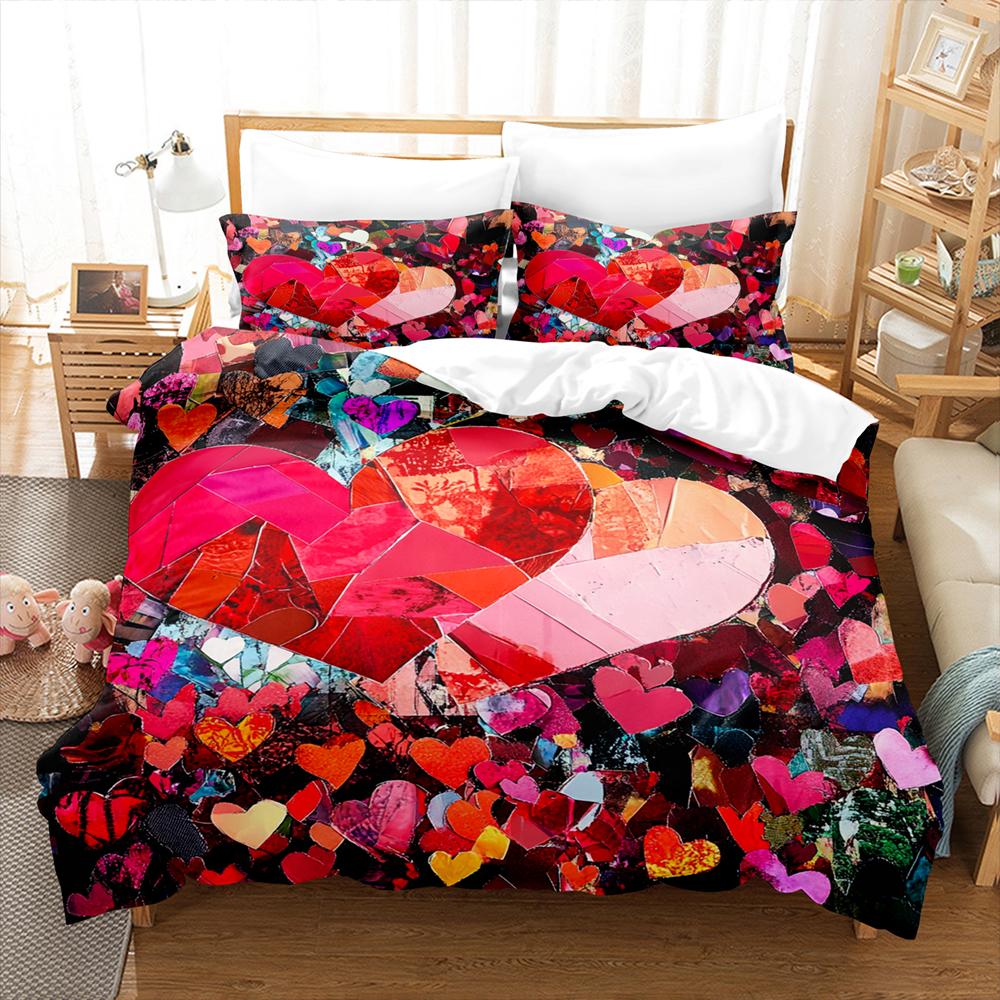 Love Heart And Newspaper Splicing Bedding Set Comforter Cover Soft Romantic Duvet Cover  For Girls Women Room  Valentine's Day