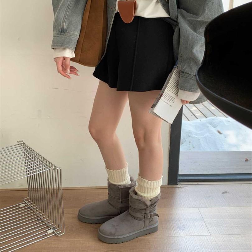 Low Tube Thick Bottom Leather Buckle Knight Boots Sangpo Sheepskin Fur Integrated Thickened Warm Snow Boots Women