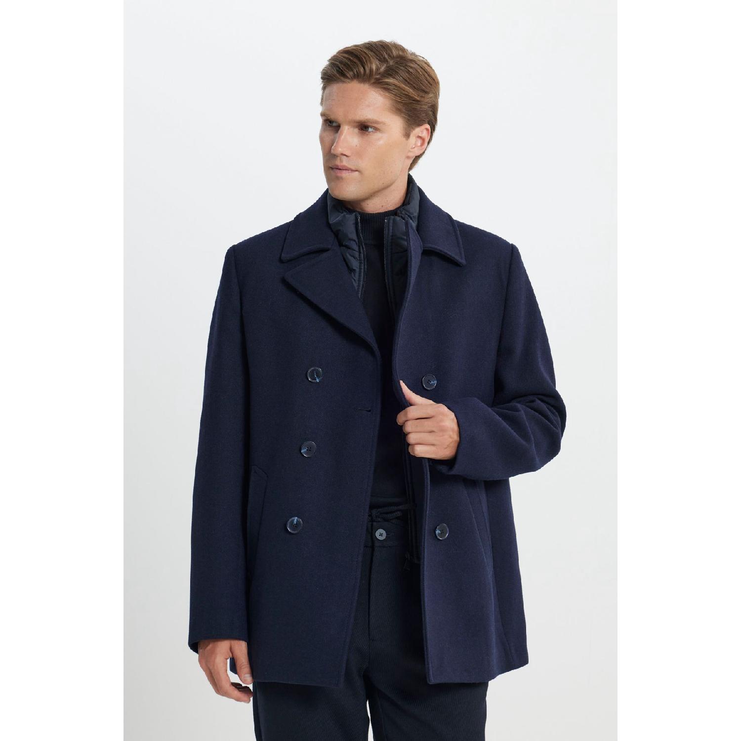 

Men s Navy Blue Standard Fit Regular Cut Collar Woolen Patterned Coat 48