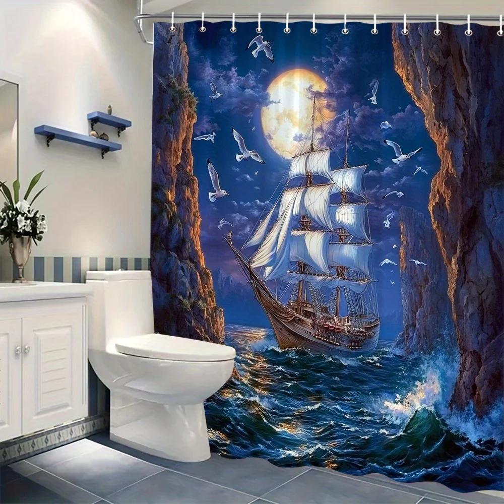 Sailing Ship Shower Curtain - Night Scene Design, Full Moon & White Sails,12 Hooks, Washable Polyester, Nautical Bath Decor