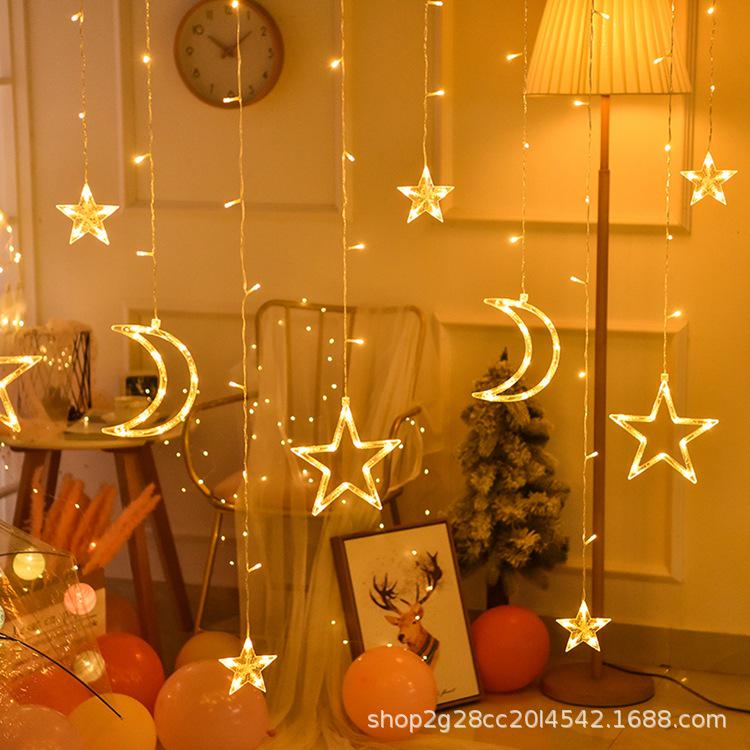 LED Moon & Star Curtain Lights, Waterproof Outdoor String Lights for Holiday and Room Décor