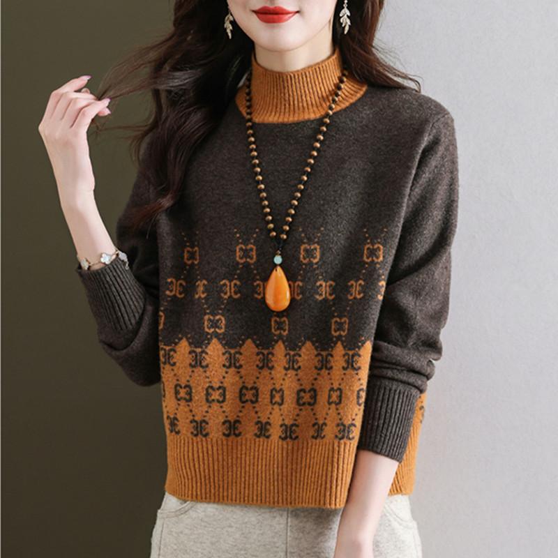 Short Sweater Women's Autumn and Winter Half Turtleneck Knitted Sweater Loose and Casual Long-sleeved Pullover