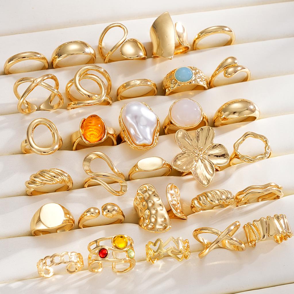 Vintage Blumen Geometrisches Ring Set Für Frauen Unregelmäßige Lavatextur Barocke Perle Edelstein Fingerringe Trendiger Statement Schmuck