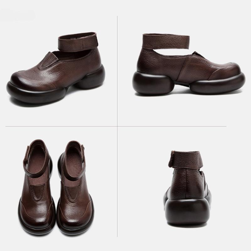 Johnature Genuine Leather Round Toe Thick Sole Pumps Casual Comfortable Hook & Loop Women's Shoes