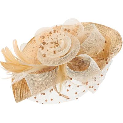Floral Fascinator Hat Bridal Headpiece with Mesh Veil Plume Bridal Hats for Women Wedding Party Headwear Special Occasion Accessories Beige