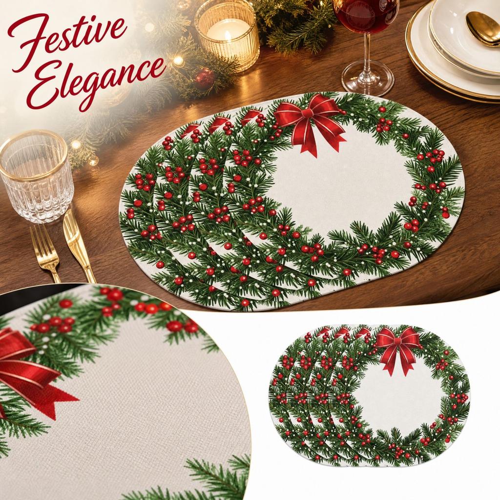 Set of 4 Round Christmas Placemats Printed Heat Holiday Table Mats for Dining Room Decor