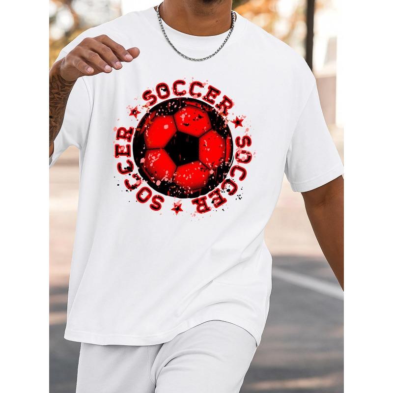 European Size Men's Cotton Soccer Ball Print T-Shirt - Short Sleeve Round Neck Casual Tee with Soccer Ball Pattern, Machine Washable For, Gym